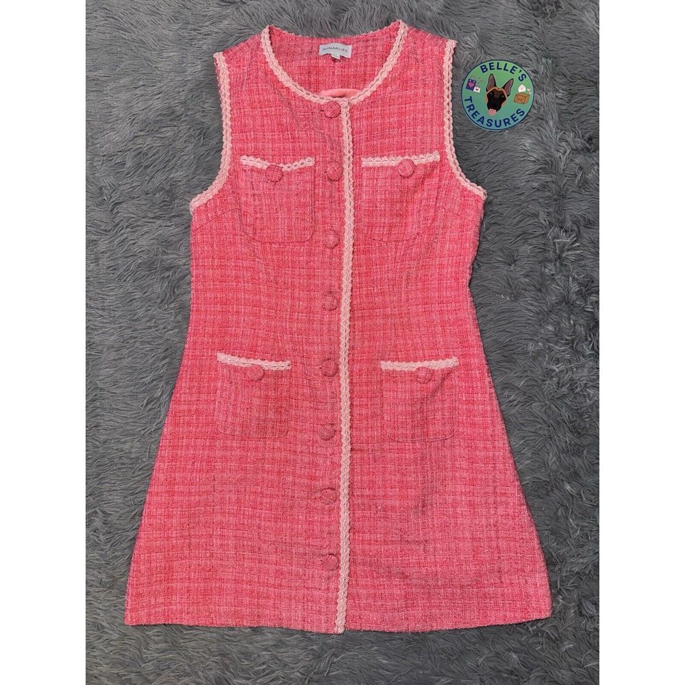 Women's Size Medium Pink Shimmer Tweed Full Button Sabrina Carpenter 50s Dress‎